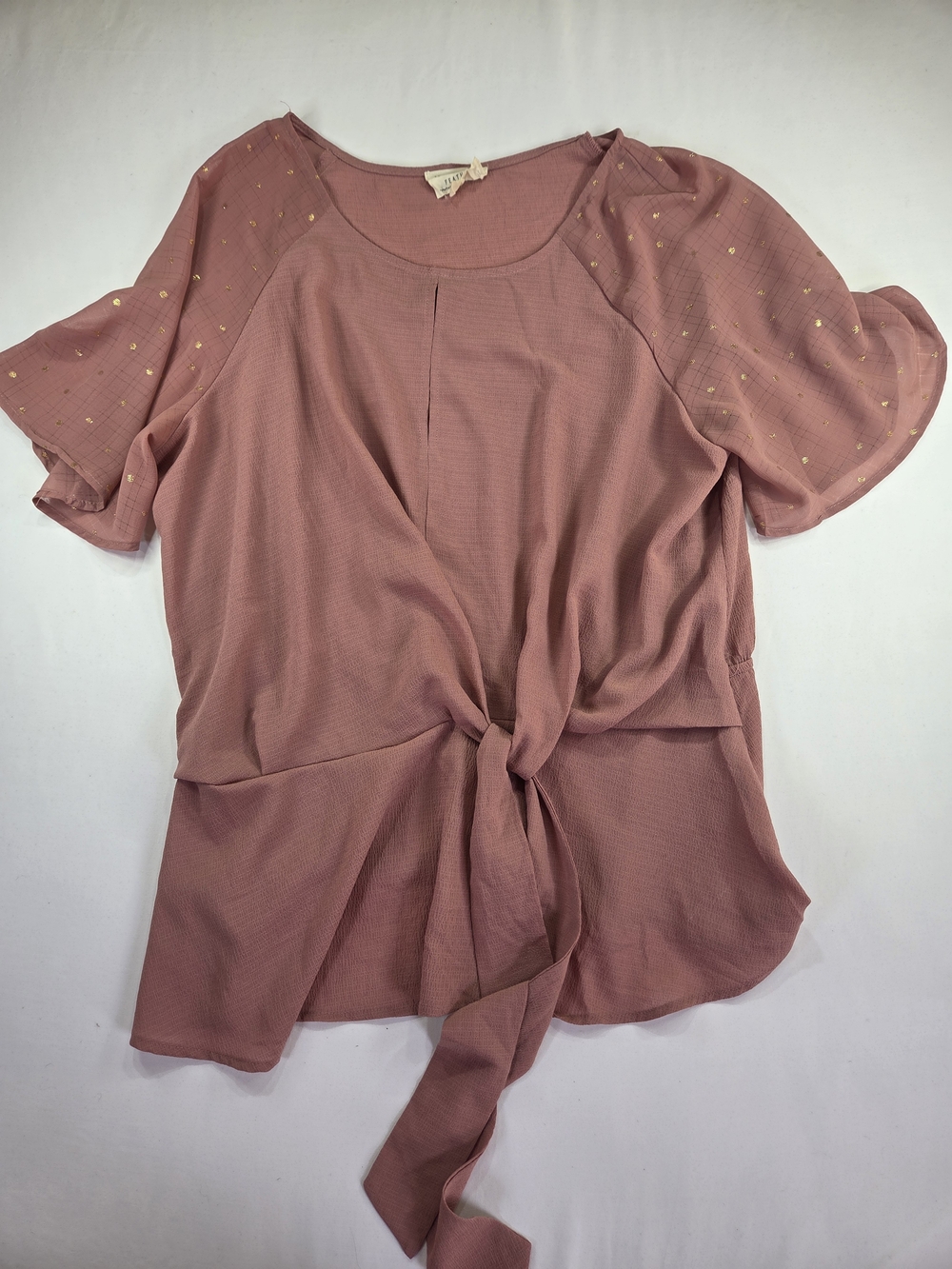 Flower and Feather Tie-Front Dusty Rose Blouse with Gold Dot Sleeves